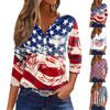 Women's Casual Independence Day Printed V-Neck 3/4 Sleeve Embellished Button T-Shirt Top