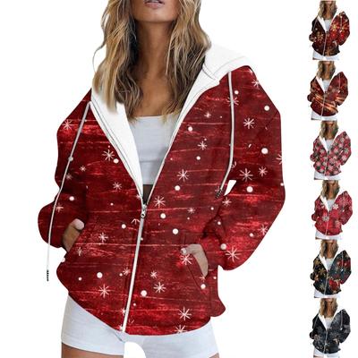 Женская мода повседневная рождественская печатная толстовка осень и зима длинный рукав с карманом кардиган куртка куртка с капюшоном пальто