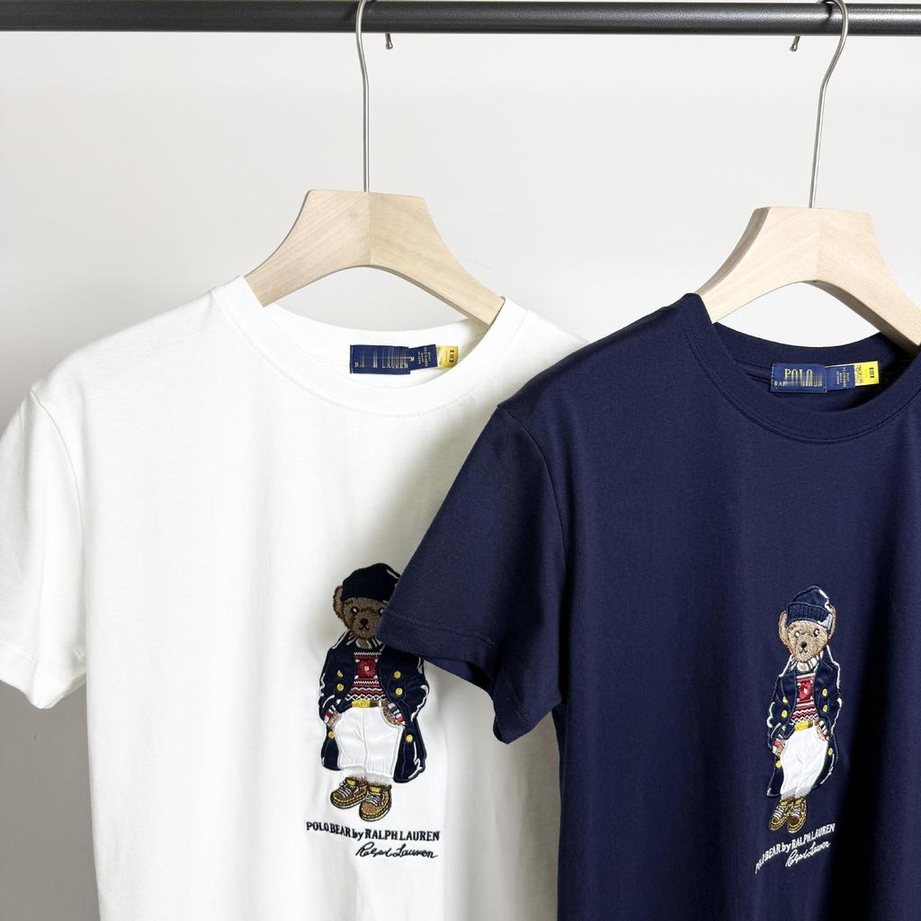 RL High-Quality Scannable Little Bear Embroidered Cotton T-Shirt with Round Hat, Windbreaker Insert Pocket, Short Sleeve - 25 New Styles