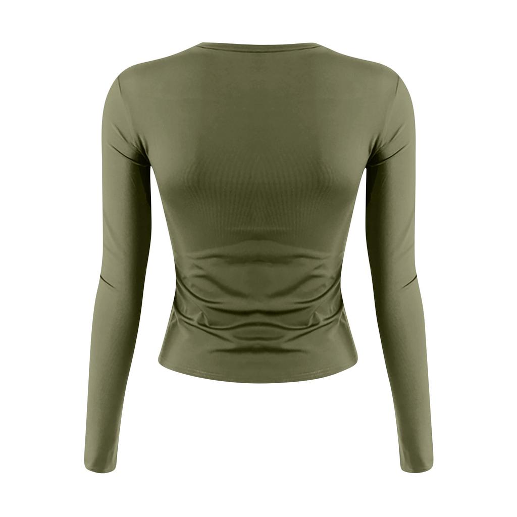 Женская модная однотонная футболка с круглым вырезом и длинными рукавами, топ