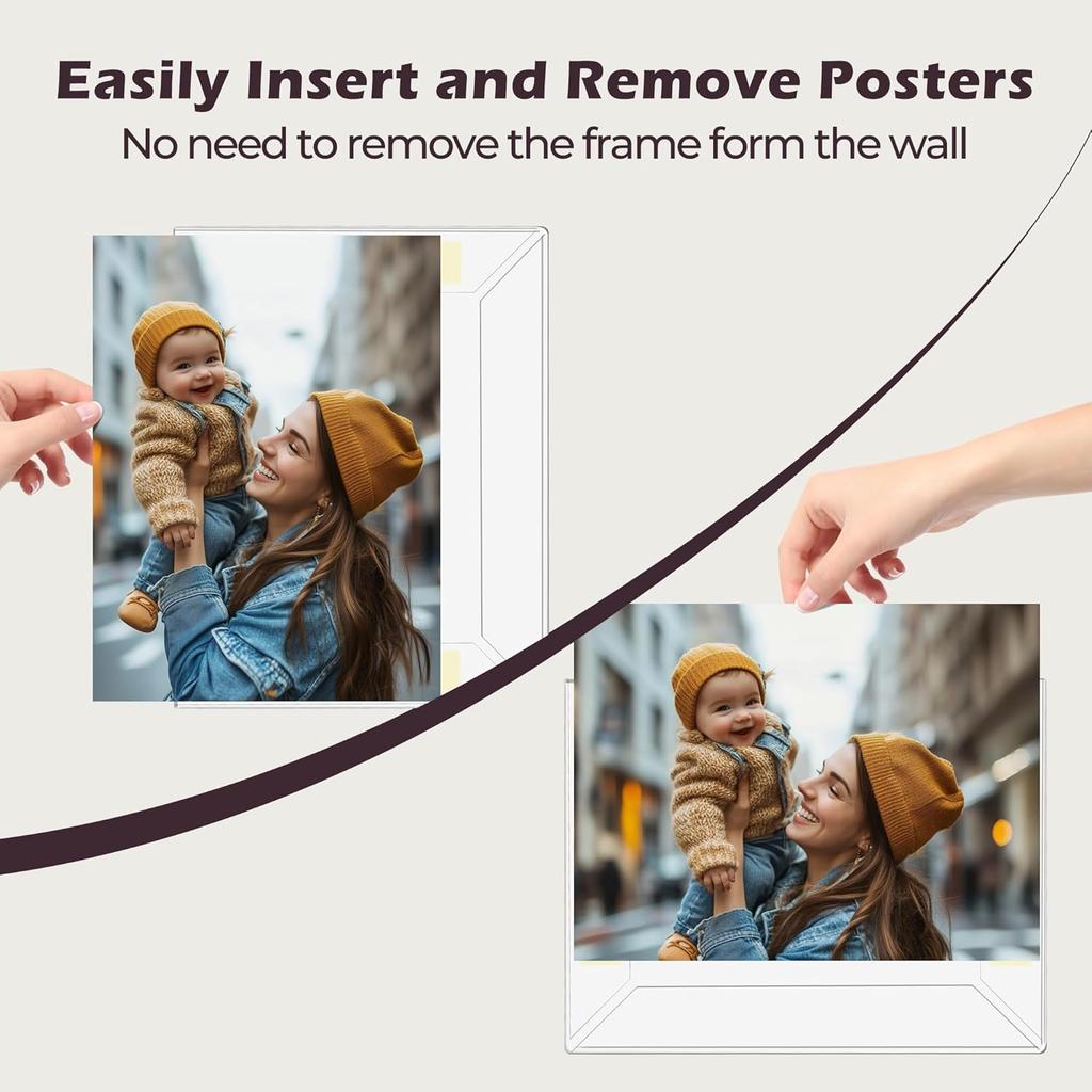 8.5 x 11 Acrylic Picture Frame, Horizontal/Vertical Clear Photo Frame for Wall with Tape, No Drilling Floating Hanging Frameless Picture Frame, Wall