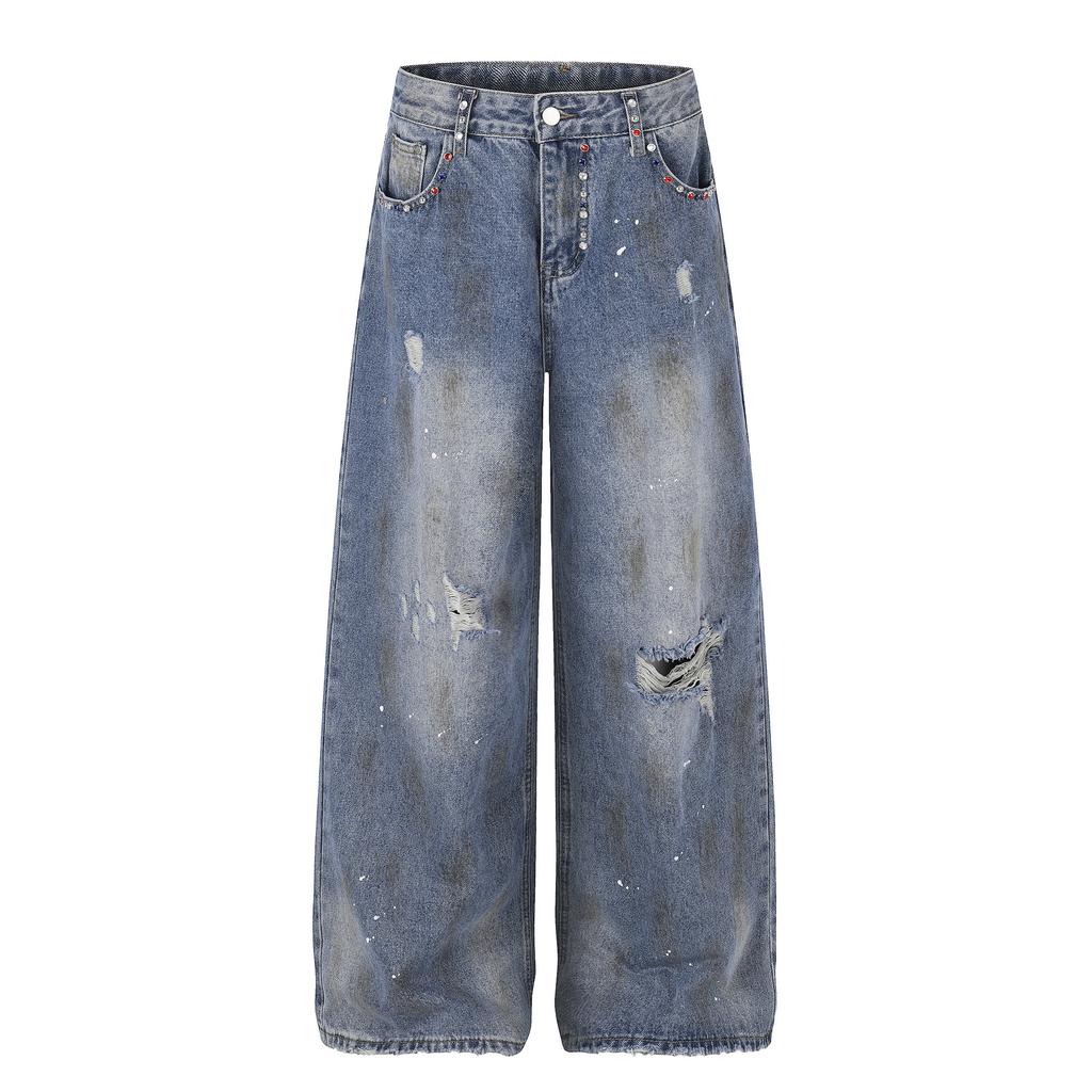 European, American high street waste soil feng shui washing destroys personalized rivet jeans loose wide-leg pants