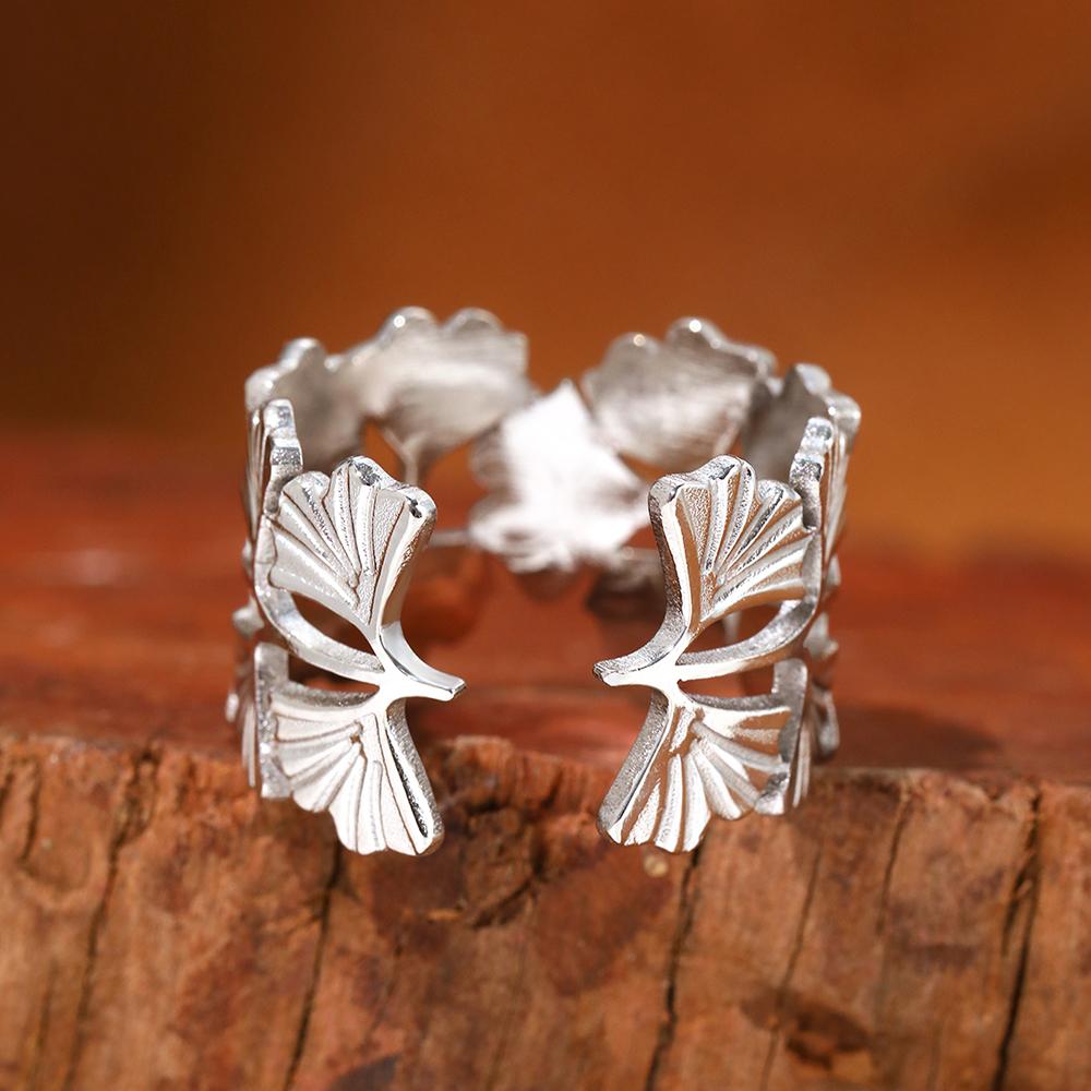 Кольцо из нержавеющей стали Wen Wan Yi Ren Ginkgo Biloba с регулируемым размером для женщин и мужчин для повседневной носки