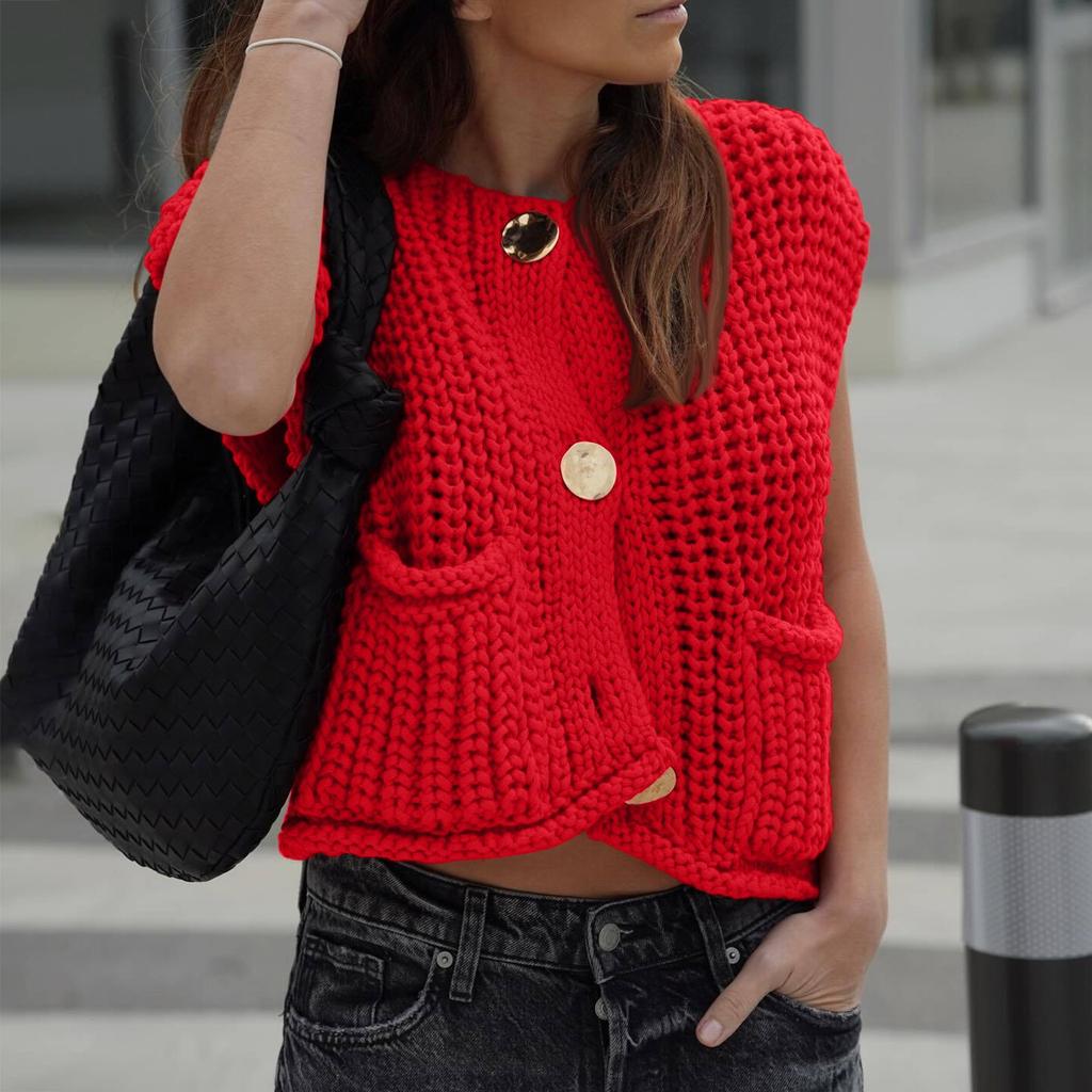 Женские топы, свитер с карманами, укороченный вязаный свитер, кардиган, утолщенный жилет