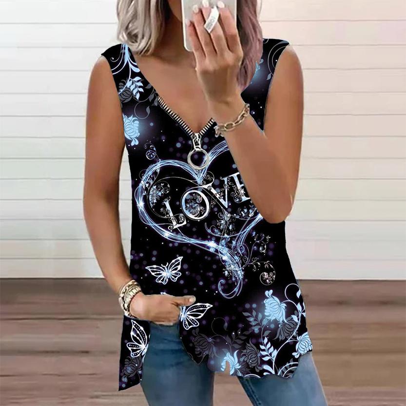 Женский топ, летний новый модный красивый повседневный топ с принтом «Любовь», без рукавов, на молнии, с v-образным вырезом, топ на бретелях
