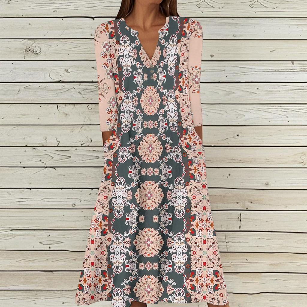 Женское летнее повседневное платье с V-образным вырезом на пуговицах, в стиле ретро, с геометрическим принтом, рукавами три четверти и карманами