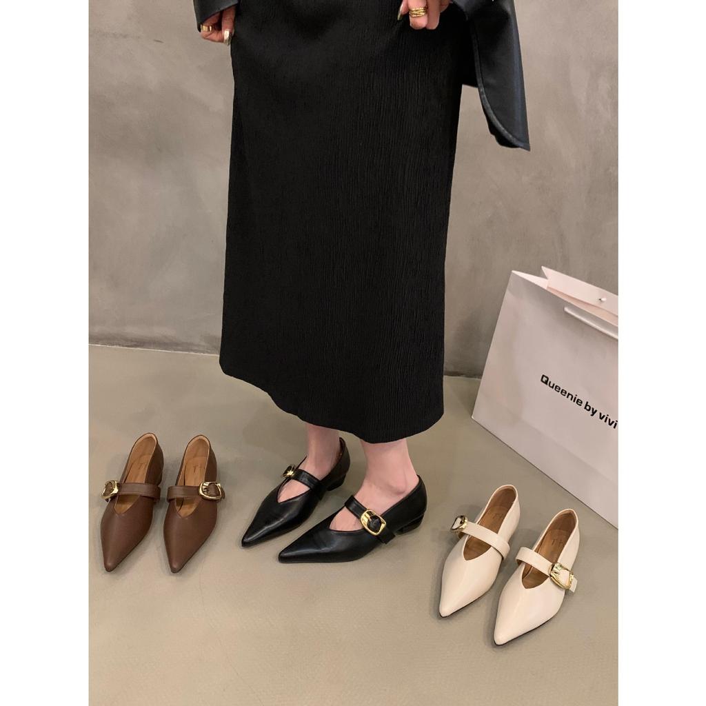 Туфли на плоской подошве с острым носком черного цвета, женские летние туфли на низком французском каблуке, темпераментные туфли Мэри Джейн из кожи