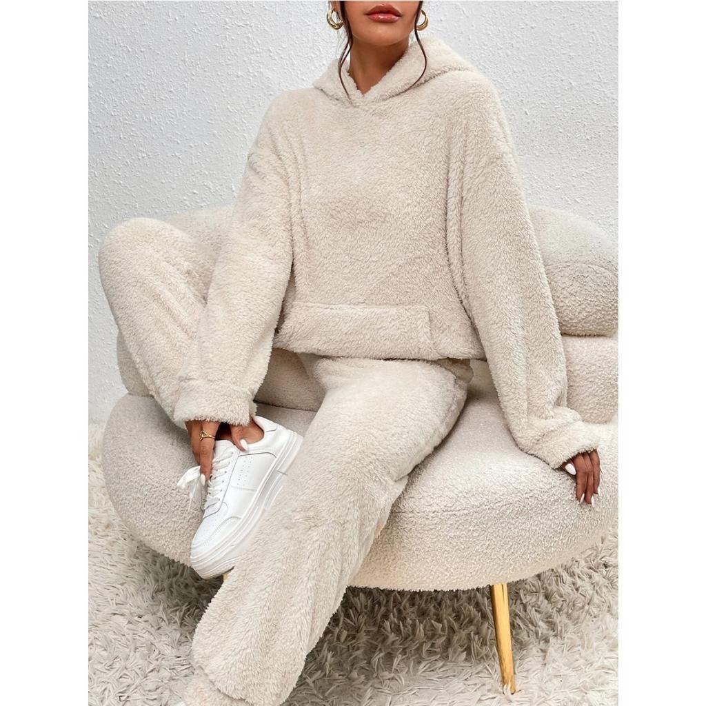 Осенне-зимняя однотонная женская одежда, худи с длинным рукавом, накладной карман, повседневные брюки, домашний комплект из двух предметов