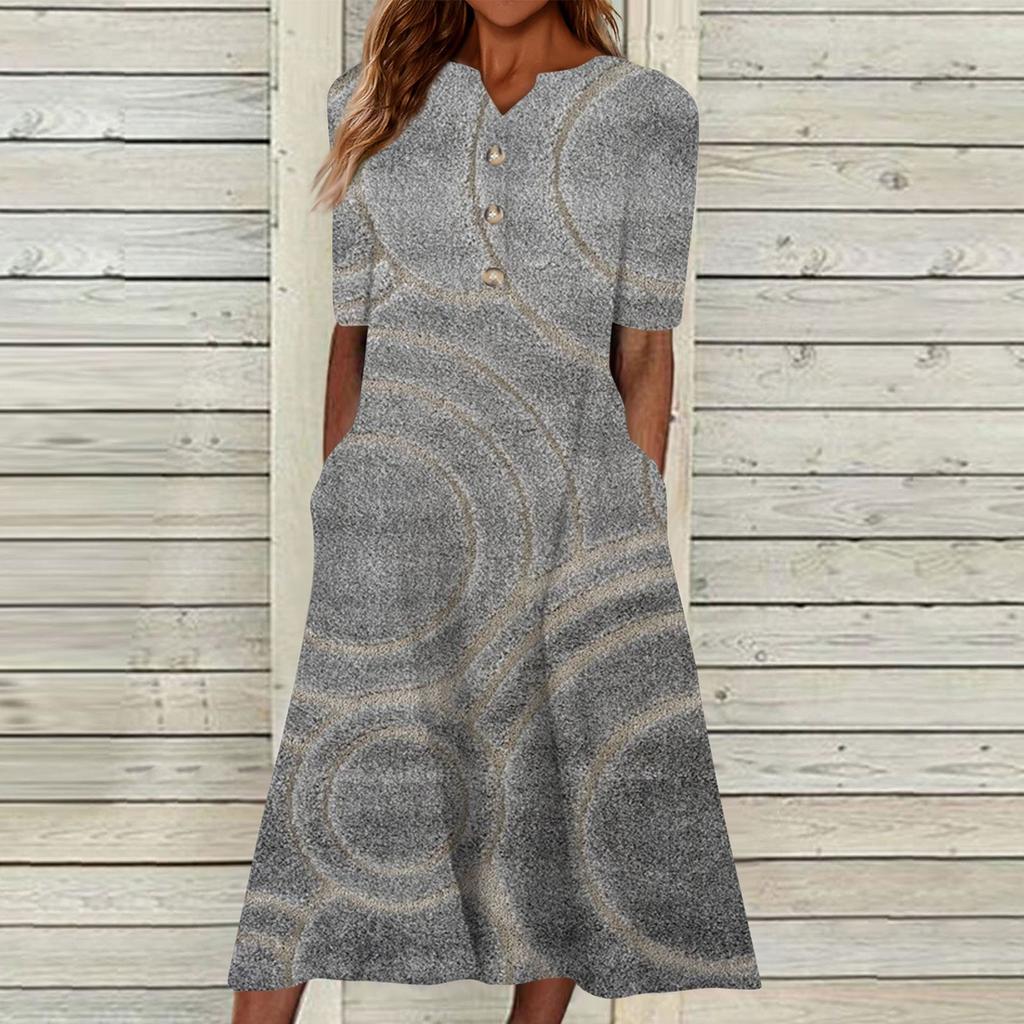 Women's Summer Casual Printed V-Neck Short-Sleeve Swing Dress