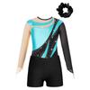 Kids Girls Metallic Long Sleeve Gymnastics Leotard with Shorts Hair Scrunchie Dance Unitard Biketards Dancewear