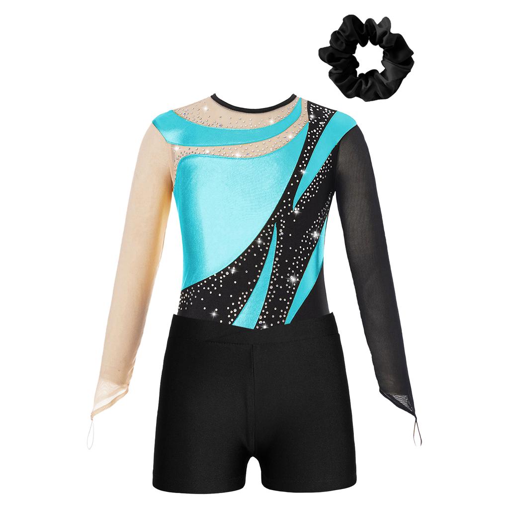 Kids Girls Metallic Long Sleeve Gymnastics Leotard with Shorts Hair Scrunchie Dance Unitard Biketards Dancewear