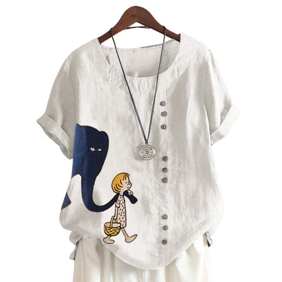 Женская футболка с принтом слона и мультяшной девушкой с короткими рукавами, дышащая, с круглым вырезом