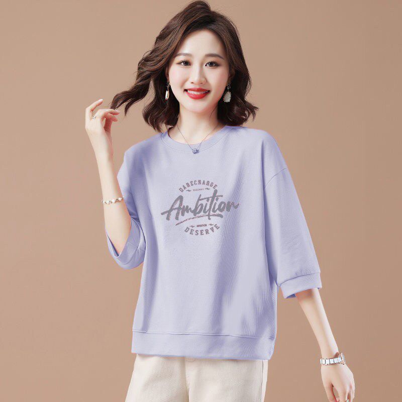 Foreign Trade Clearance 100% Cotton round Neck T-shirt 3/4 Sleeve Loose Slimming Cover Meat Western Style Light Color Spring and Summer Women's Top