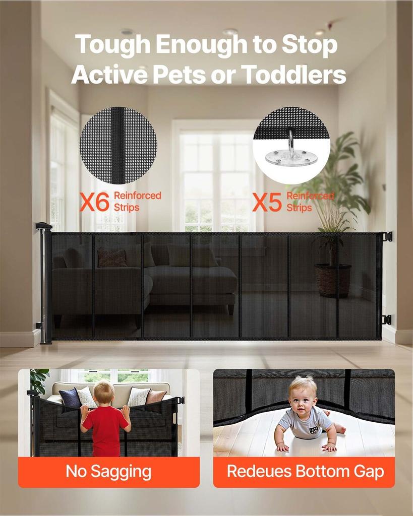 Retractable Baby Gate, Extends to 3050 mm Extra Wide, 980 mm Tall, with Reinforced Fiberglass Strips, Avoids Crawling Through, Mesh Dog Gate for