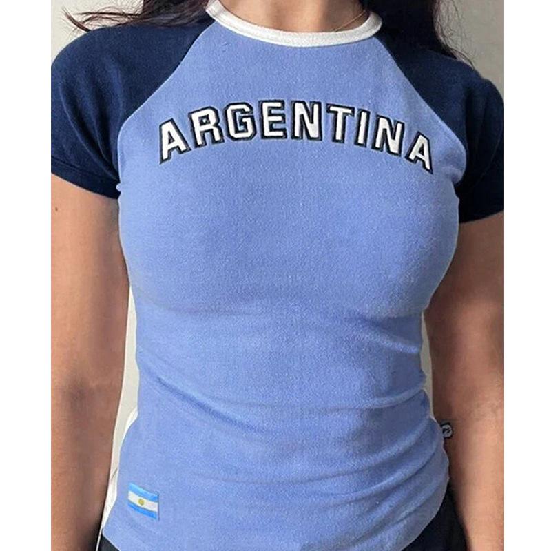 Европейский и американский женский короткий топ Y2K для девочек с вышитыми буквами, обнаженным пупком, облегающая футболка с короткими рукавами и круглым вырезом