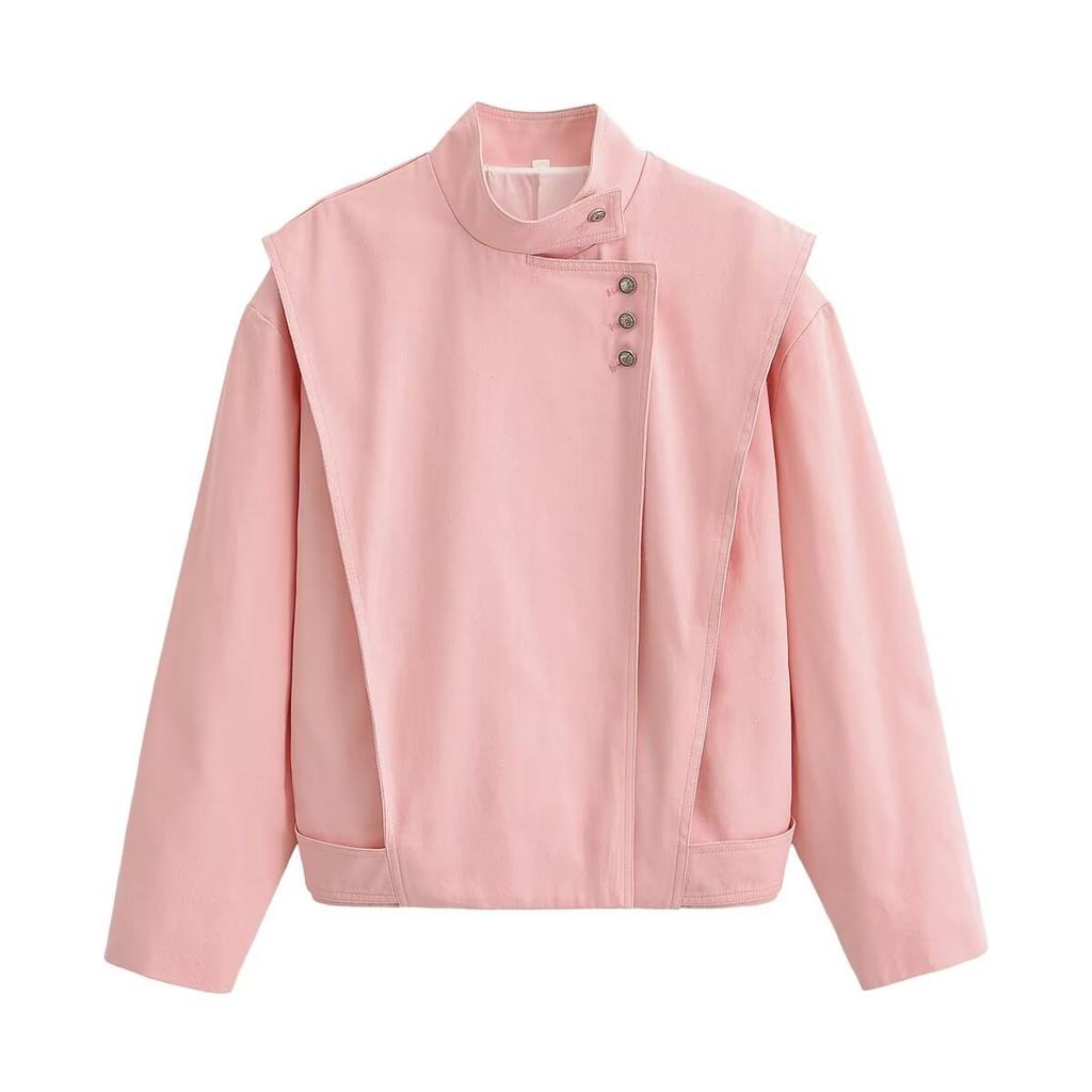 2026 Summer New Arrival: European and American Cross-border Women's Street Fashion Diagonal Ribbed Stand Collar Jacket w09 12192