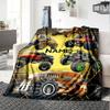 Monster Truck Collection With Diverse Designs And Vibrant Colors On A Geometric Background Lightweight Personalized Blanket Customize Your Name
