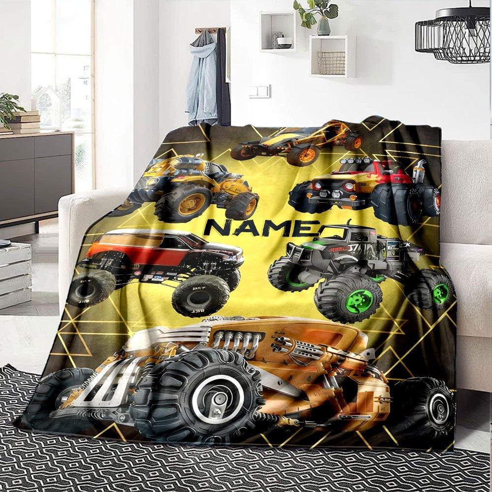 Monster Truck Collection With Diverse Designs And Vibrant Colors On A Geometric Background Lightweight Personalized Blanket Customize Your Name