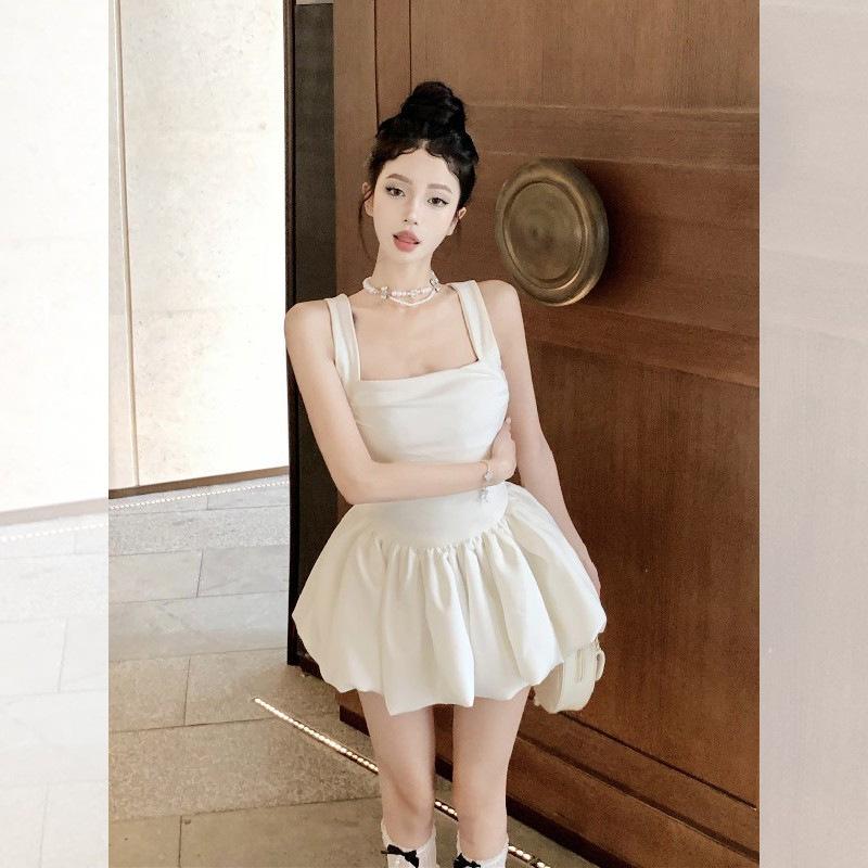 Spice girl white suspender dress women's summer temperament sexy waist thin princess tutu skirt small man
