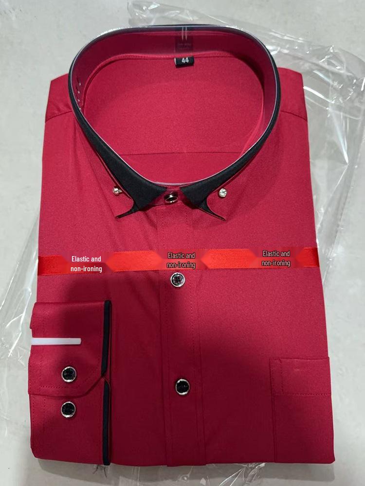 Мужская эластичная рубашка с длинным рукавом, контрастным воротником, не требующая глажки - Деловой кэжуал, Весна/Осень