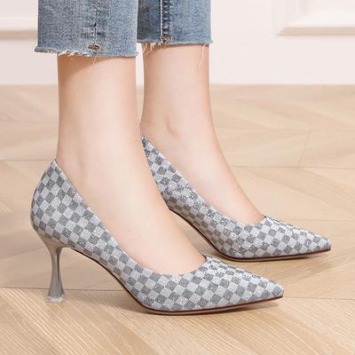 Женская новая женская обувь на высоком каблуке, весенняя корейская версия, туфли с острым носком и неглубоким ртом, женские туфли в клетку на шпильке