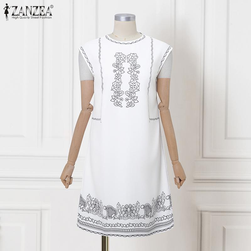 ZANZEA Women Casual Round Neck Summer Sleeveless Print Dress