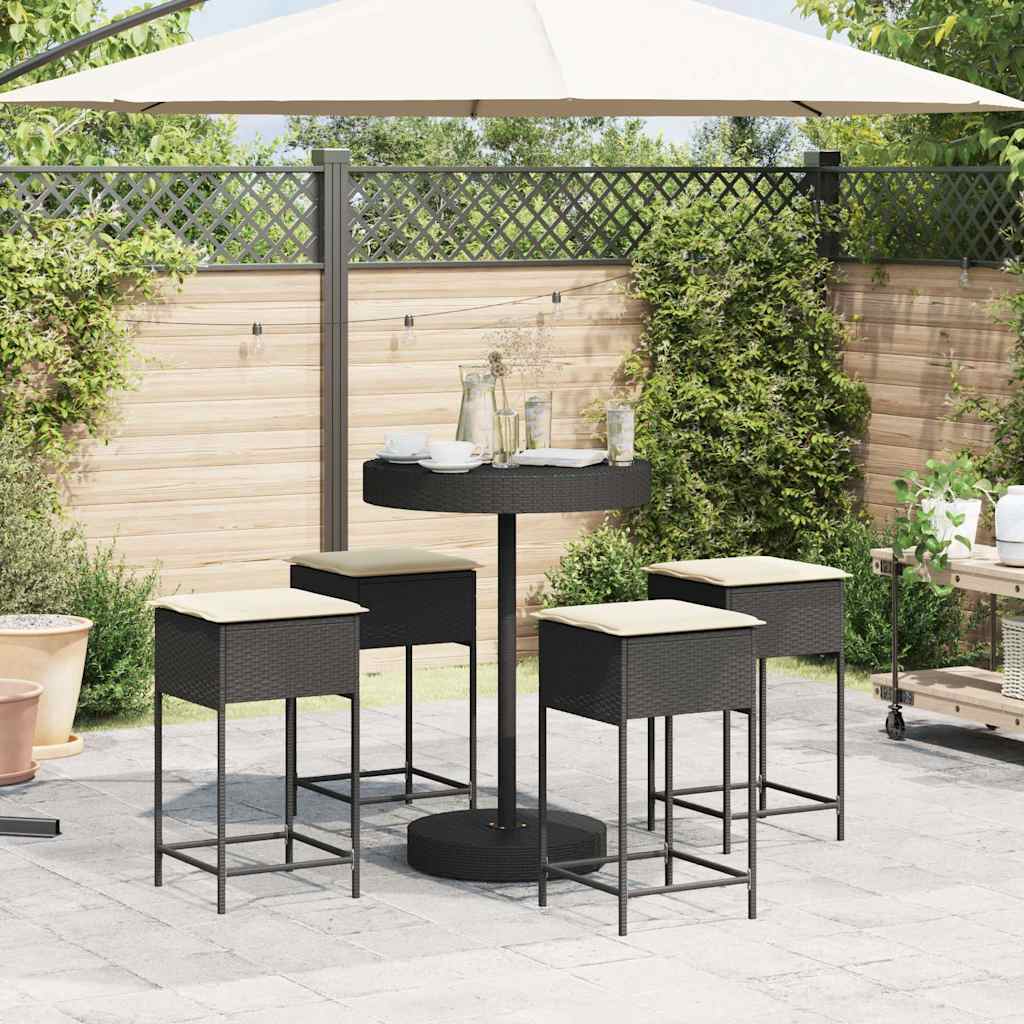 5 Piece Garden Bar Set with Cushions Black Poly Rattan