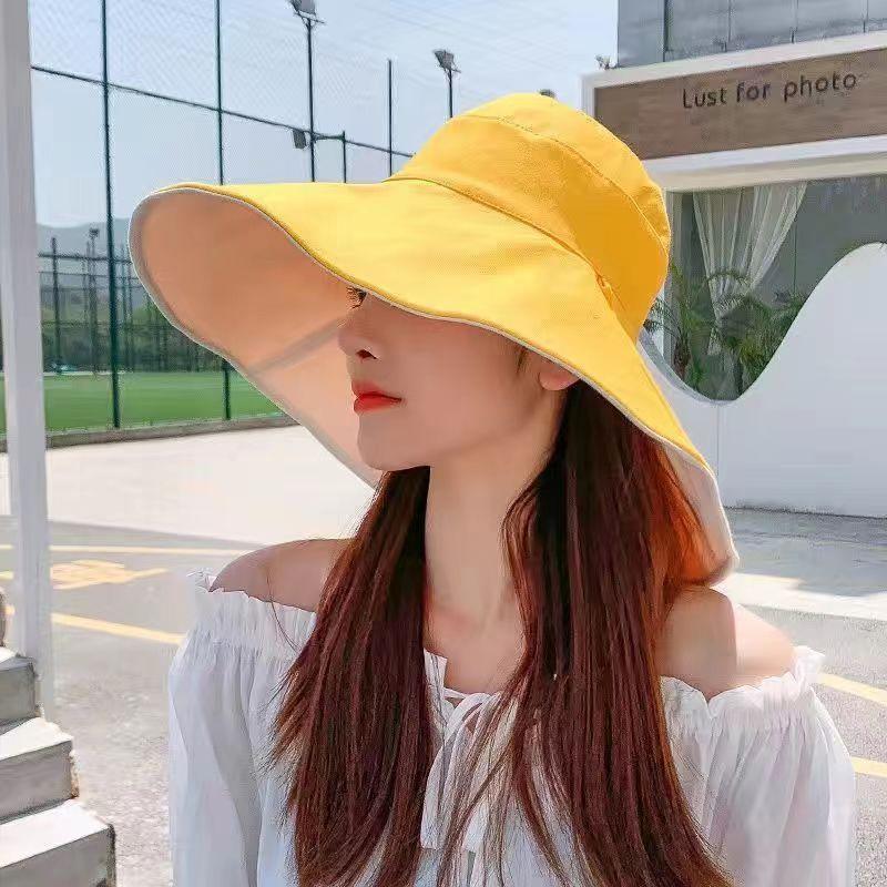 Wide Brim Sun Hat Women Anti-Uv Protection Hiking Fisherman Cap Fold Summer Solid Beach Hat Double Sided Sun Hat