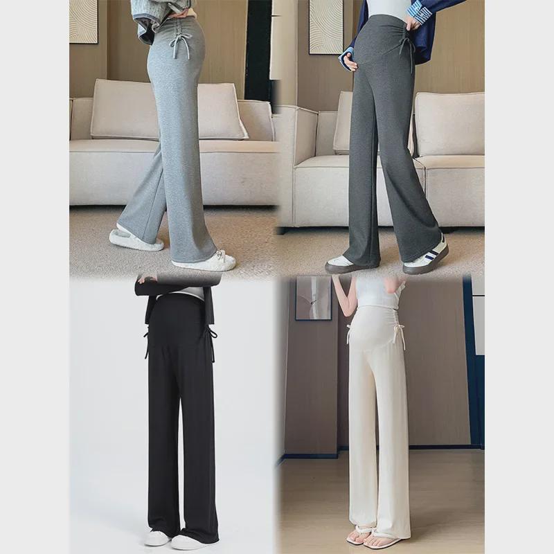 Широкие брюки для беременных 2024 года: Осенне-зимний бархат, завязка на шнурок, прямой крой.