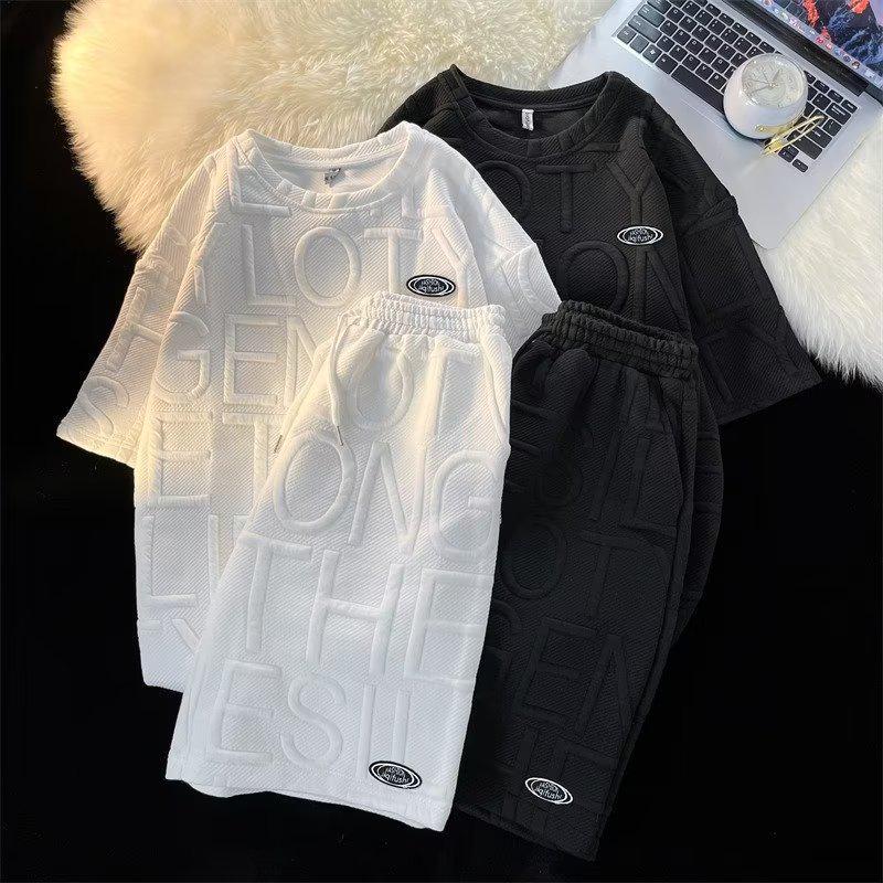 Мужские модные вафельные брюки с пятью точками и рукавами: Стильный, универсальный повседневный летний костюм