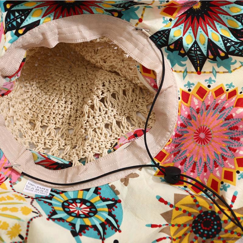 Fashion Sun Hat For Women Holiday Beach Straw Hat Female Hollow Printed Bow Summer Big Brim Hat Fold Uv Protection Floppy Hat