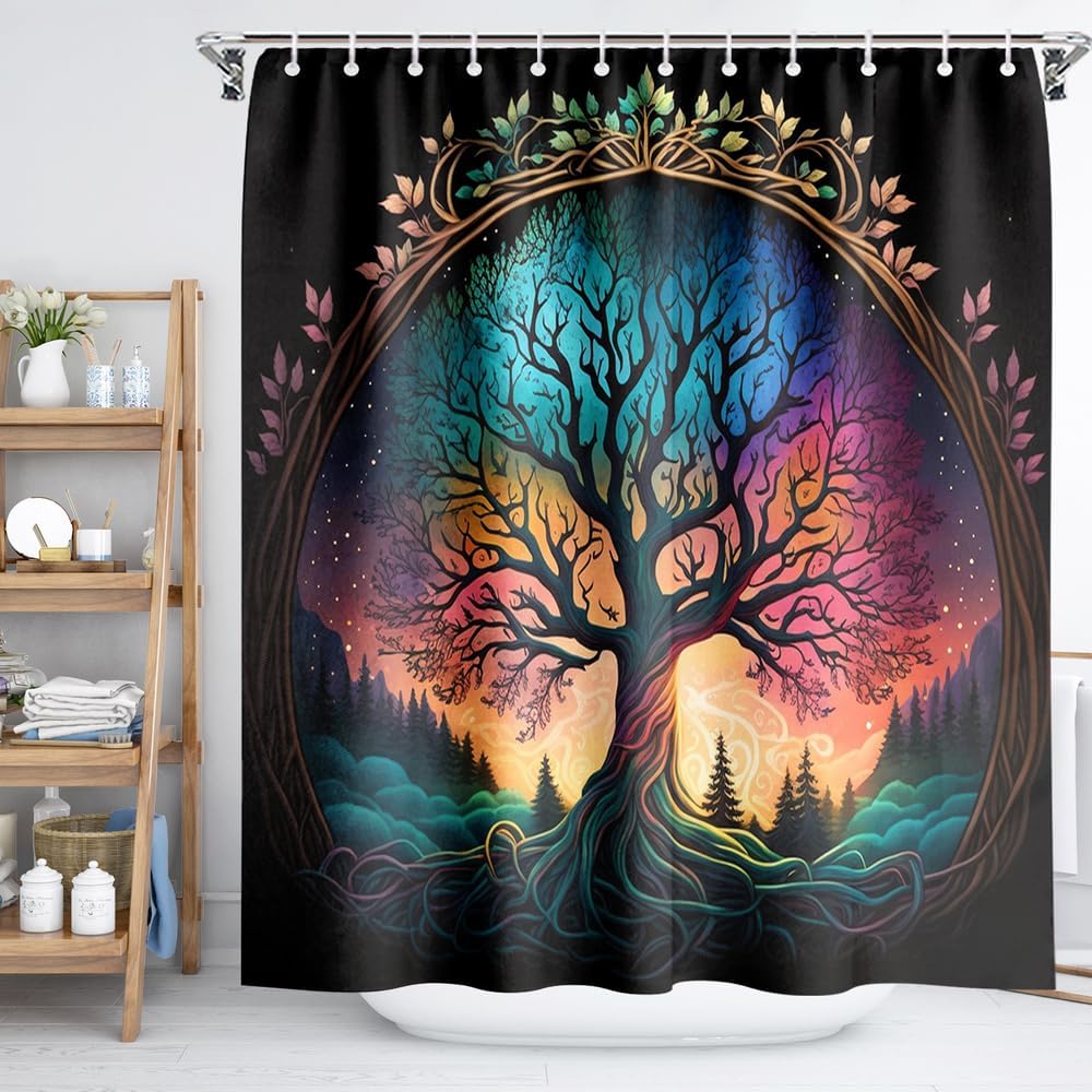 Черная шторка для душа Дерево жизни Небо Слон Неоновая ткань Растение Фэнтези Искусство Занавеска для ванной для женщин Украшение для ванны