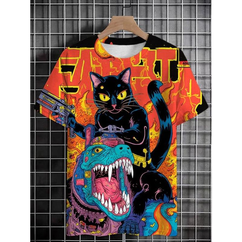 Men's Funny 3D Fantasy Animal Cat Dinosaur Print T shirt Loose Men Short Sleeve Cartoon Tees Outdoor Casual Streetwear Party Top