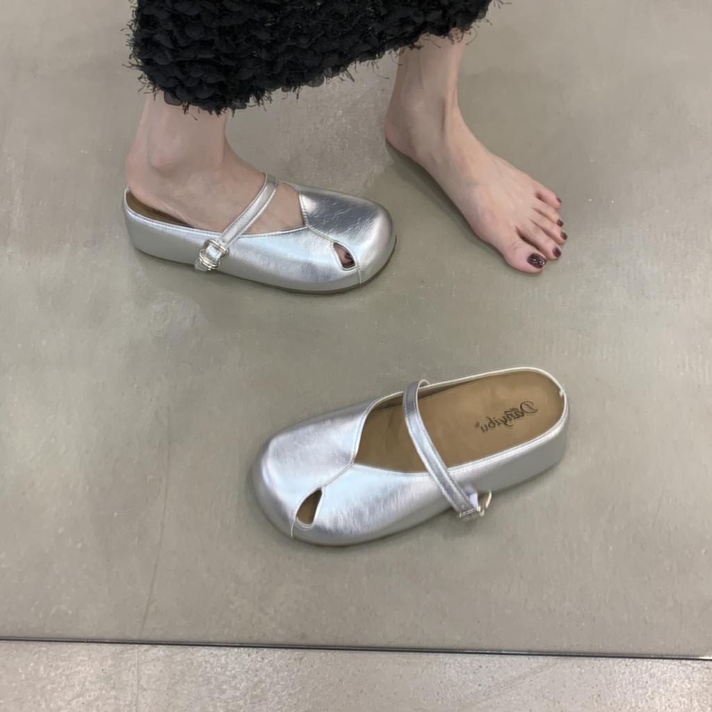 Крутые шлепанцы на толстой подошве с закрытым носком, женская уличная обувь, лето 2025, новинка, под юбку, супер огонь, на одном ремешке, полуботинки, серебристые, одинарные туфли