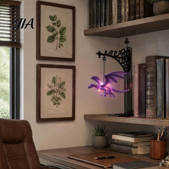 Fantasy Theme Gift Magical Flying Dragon Bookshelf Lamp, Warm Hanging Night Light, Resin Figurine Reading Nook Decor, Unique for Lovers Book