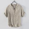 Men's Retro Summer Linen V-Neck T-Shirt - Short-Sleeve, Stand-Up Collar, Breathable & Lightweight
