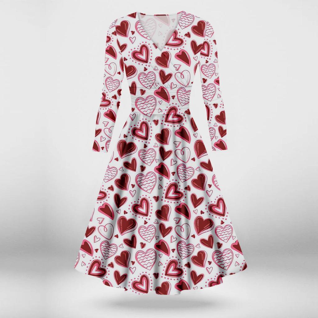 Женская мода повседневные платья на День святого Валентина с принтом, длинным рукавом и V-образным вырезом, сексуальные платья