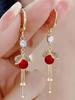 1Pair Luxurious Red New Style Long Tassel Pearl Leaf Dangle Earrings, Elegant Jewelry Accessories