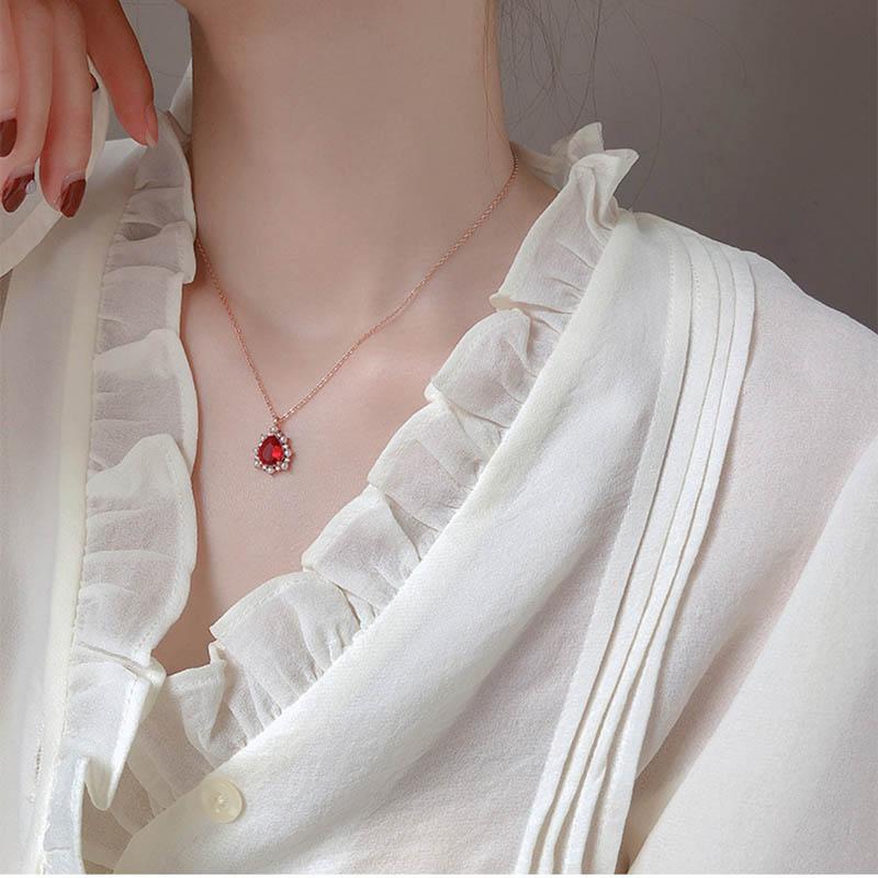 BELLA BOX Water Drop Shaped Ruby Gorgeous Elegant Pendant Necklace For Women Charm Wedding Engagement Gemstones Pearl Clavicle Chain Female Gifts