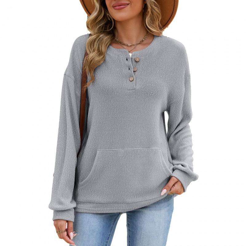 Womens Oversized Long Sleeve Pullover Sweatshirt With Front Pocket Solid Color Button Neck Cotton Blend Casual Chic