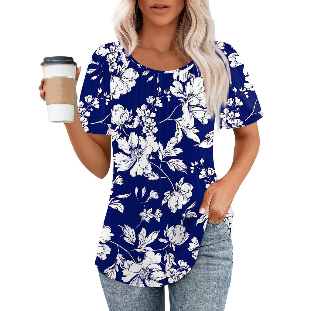 Женская летняя модная повседневная плиссированная футболка с коротким рукавом и круглым вырезом с принтом Топ