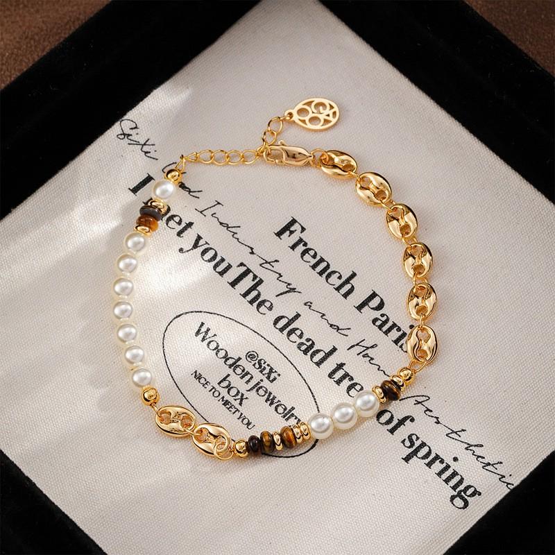Elegant Geometric Pearl-Style Brass Bracelet Women Hypoallergenic Tarnish-Resistant Minimalist Daily Wear
