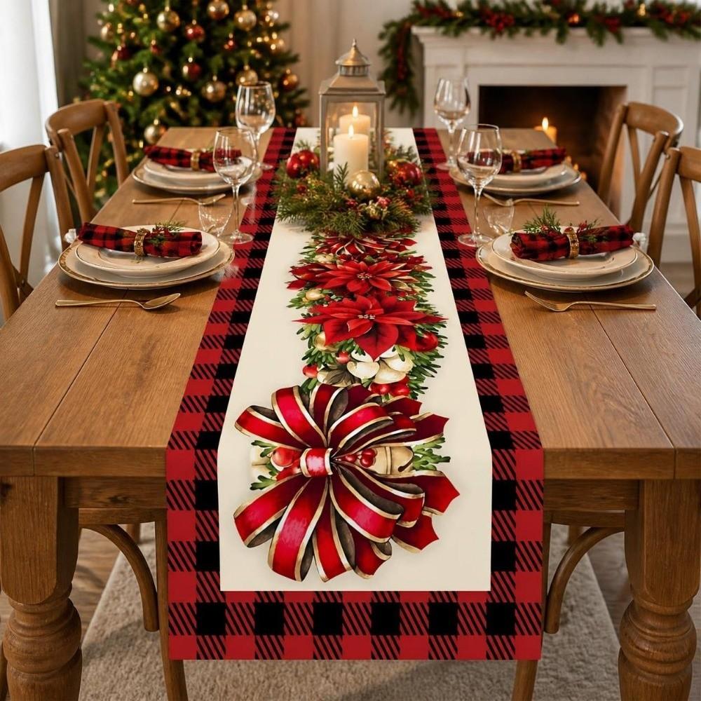Santa Snowman Christmas Tablecloth Tabletop Decoration Poinsettia Table Runner Kitchen