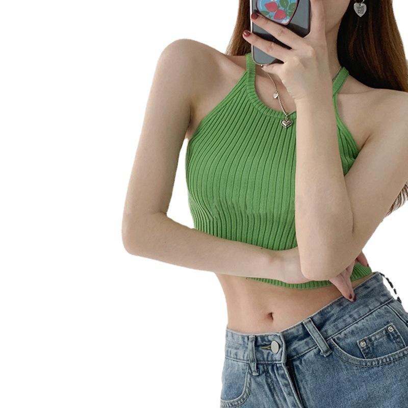 Summer New Retro Vest Halter Women's Solid Color Halter Sleeveless Knit Short Crop Narrow Shoulder Bottom Top