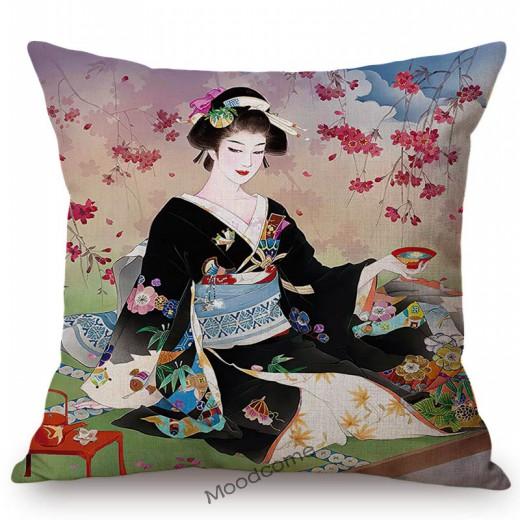 Ancient Japanese Traditional Geisha Oil Painting Art Home Decorative Sofa Throw Pillow Case Beautiful Girl Linen Cushion Cover