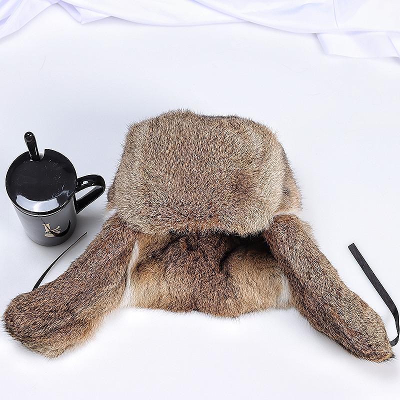 Rabbit Fur Cap Man Winter Genuine Fur Bomber Hat Windproof Warm Earmuffs Male Flat Grey/Black Russian Winter Rabbit Fur Hat