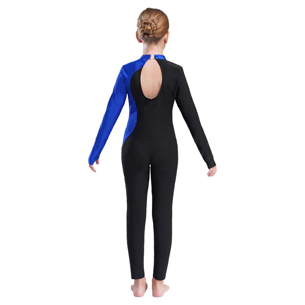 Блестящий комбинезон со стразами для девочек с длинным рукавом и круглым воротником, ажурная спинка, танцевальный наряд в стиле пэчворк