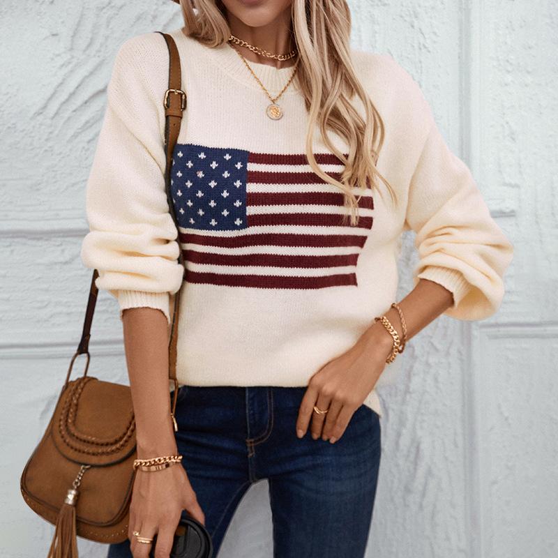 Autumn and Winter Women's Plus Size Knitwear Flag Casual Loose Round Neck Pullover Knitted Sweater