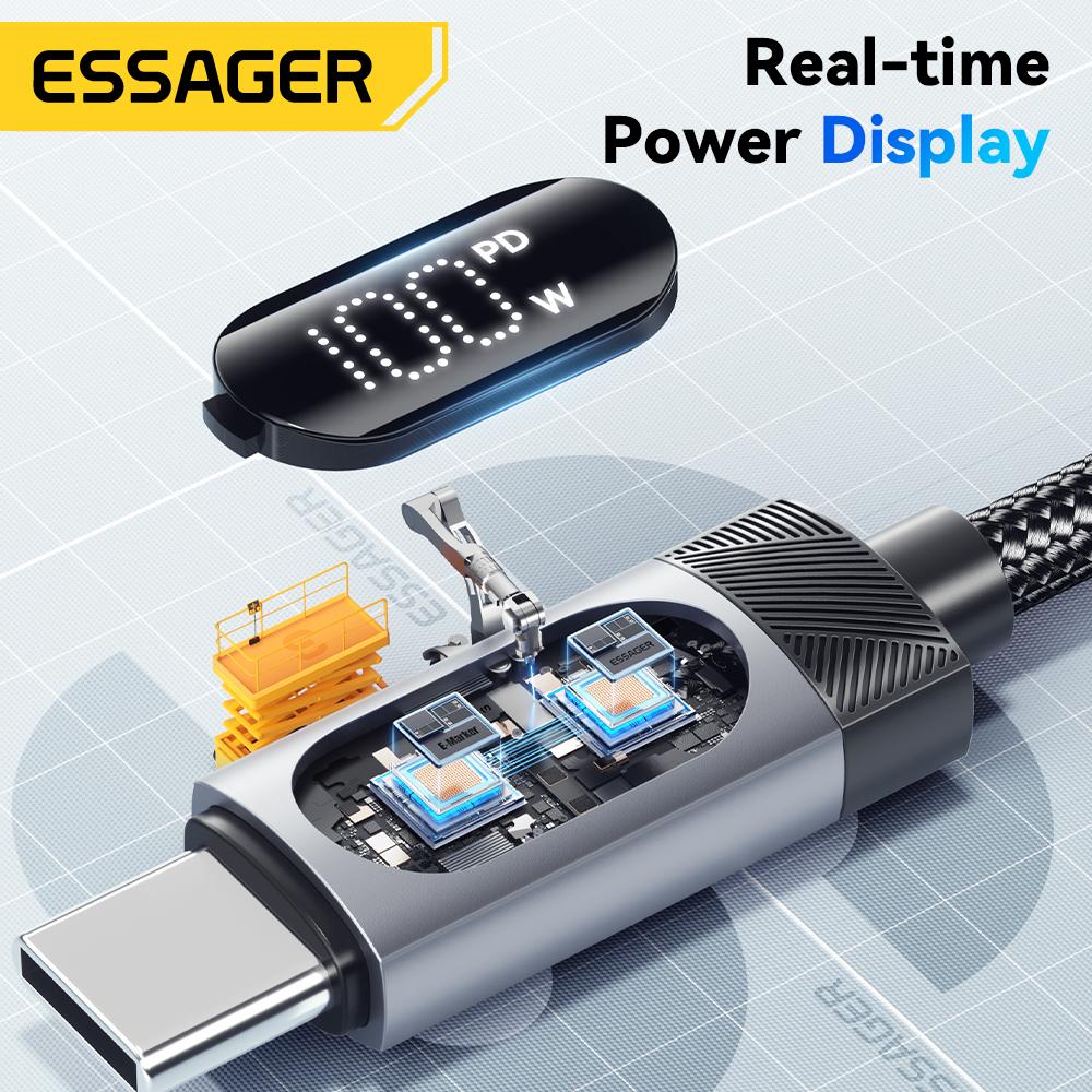 Essager USB C кабель с цифровым дисплеем для 17 16 15 Huawei 100W PD Быстрая зарядка для Macbook iPad Type C to C кабель