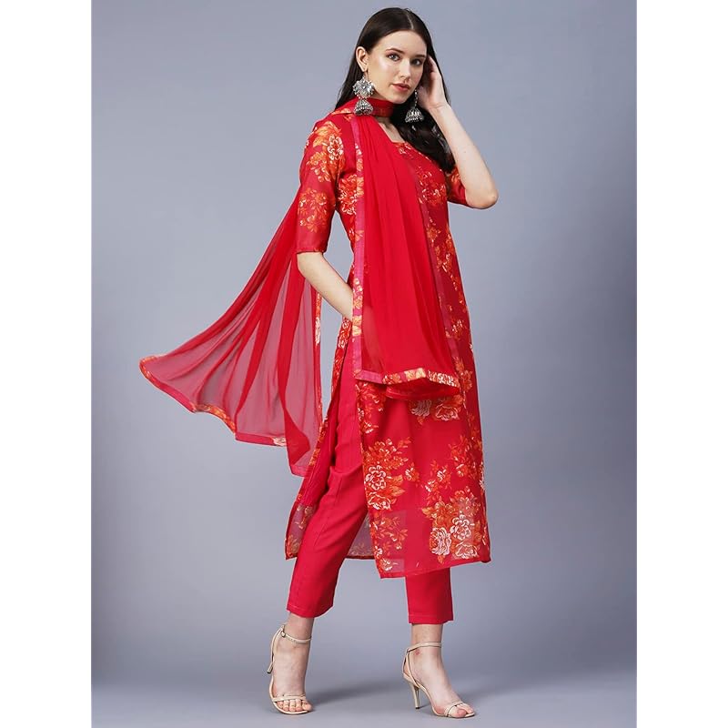 GoSriKi Women's Chanderi Cotton Printed Straight Kurta with Pant & Dupatta (AUX-Orange-GS_L_Pink_Large)